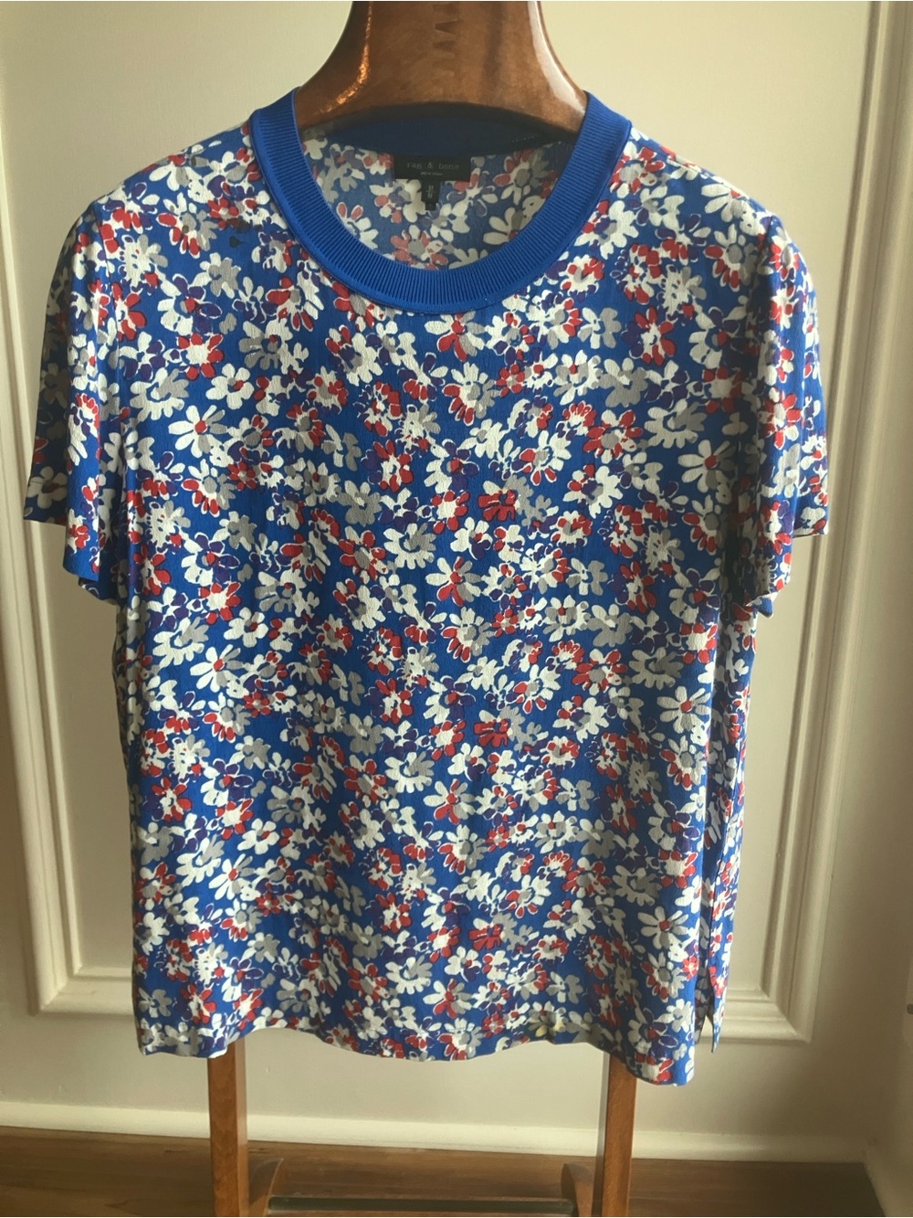 Rag & Bone Sloane Floral Short Sleeve Top Blue Red White Size M